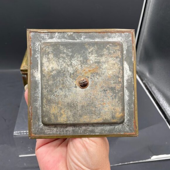 Antique Patterned Brass On Wood Metal Lined Tea Caddy w/ Countryside Image - Picture 9 of 11